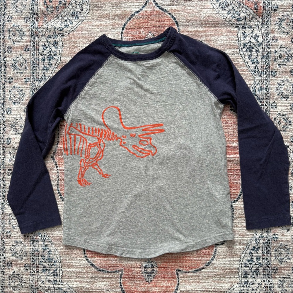 MINI BODEN Boys Navy Blue and Grey “Dinosaur" Long Sleeve Shirt - Size 6-7 Y